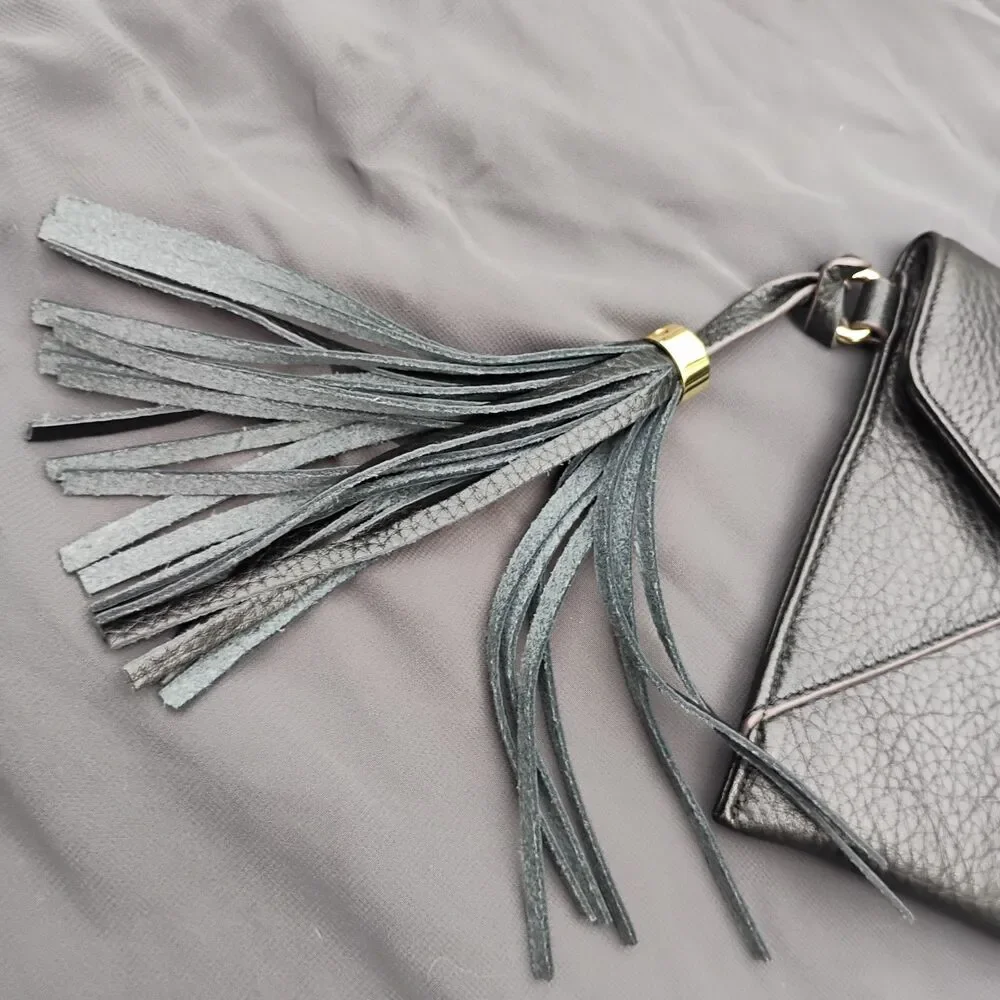 Isaac Mizrahi Black Pebbled Leather Envelope Flap Clutch Wallet Large Tassel